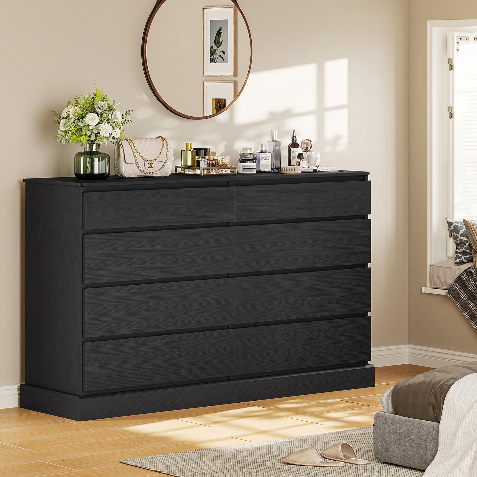 Hasuit Black Dresser for Bedroom, Long Dresser with 8 Drawers, 51.5''W Wooden Dresser Chest of 8 Drawers, Large Capacity Clothing Storage Cabinet, Wide Dresser for Bedroom Living Room Entrywa - WoodArtSupply