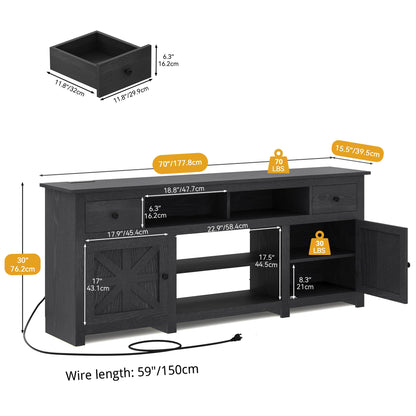 DWVO Farmhouse TV Stand, Entertainment Center with Power Outlet for TVs Up to 80 Inch, TV Console with Movable Partition & Storage Drawer, Rustic TV Stand for Living Room, Black