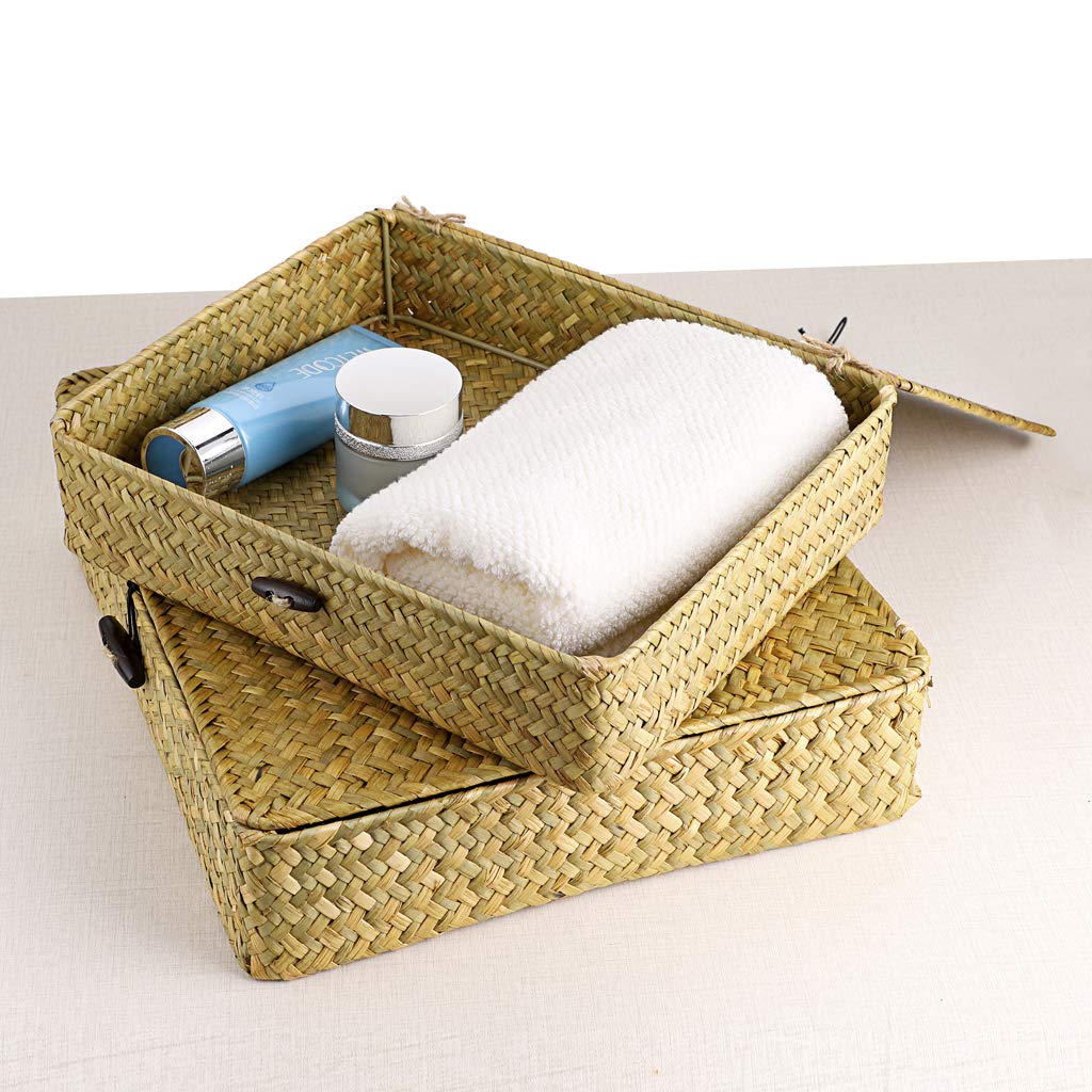 Hipiwe Natural Seagrass Storage Bins with Lid, Woven Wicker Basket Boxes Home Organizer Bins Shelf Organizer Box,Set of 2 Hipiwe