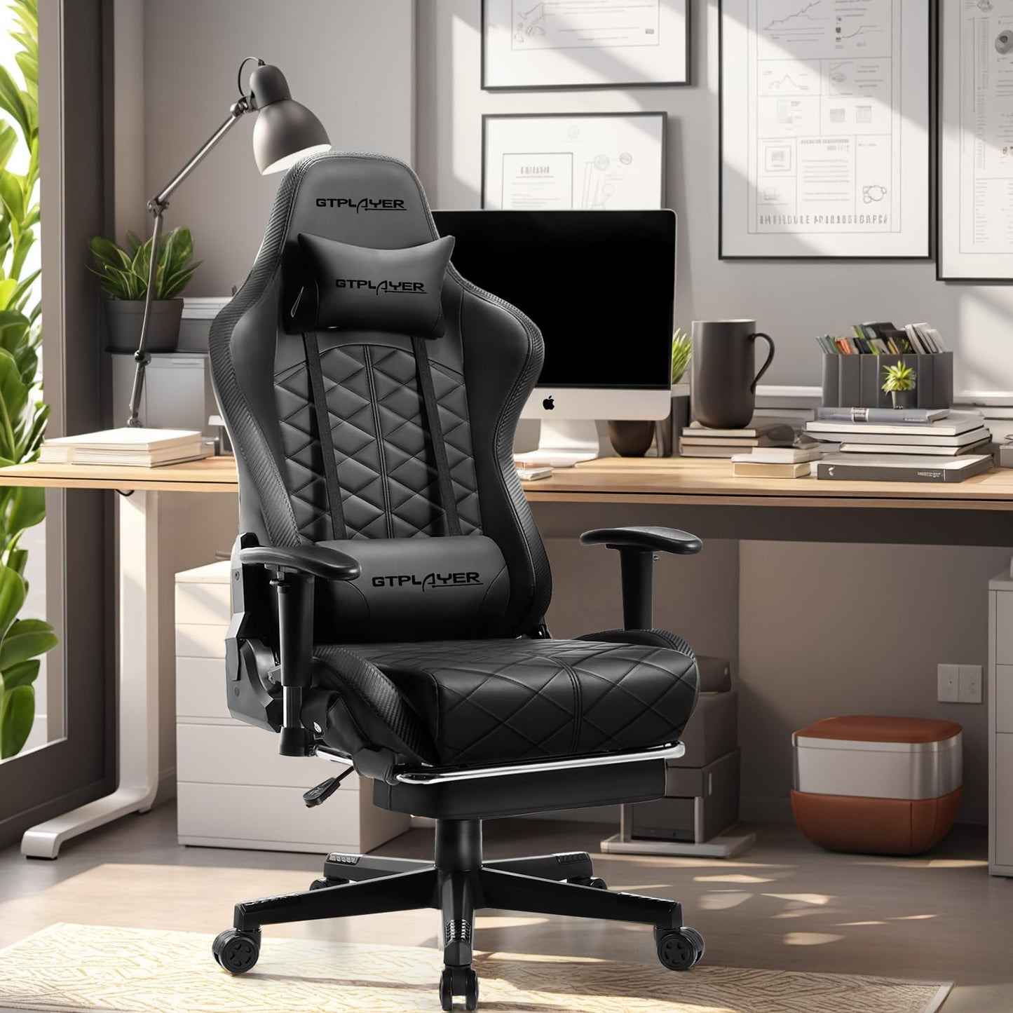 GTPLAYER Gaming Chair, Computer Chair with Bluetooth Speakers, High Back Ergonomic Office Chair Desk Chair with Lumbar Support, Height Adjustable Game Chair with Footrest 330LBS, Black