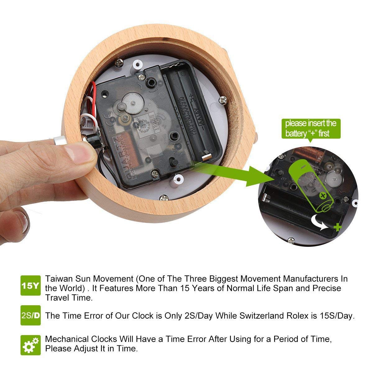 EC VISION Handmade Classic Small Round Silent Table Snooze Beech Wood Alarm Clock with nightlight EC VISION