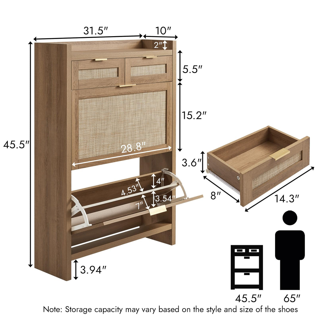 HOKYHOKY Rattan Shoe Storage Cabinet with 2 Drawers & 2 Flip Drawers – Hidden Slim Shoe Organizer for Entryway, Large Tabletop Space, Farmhouse Boho Narrow Shoe Rack, Rustic Oak HOKYHOKY