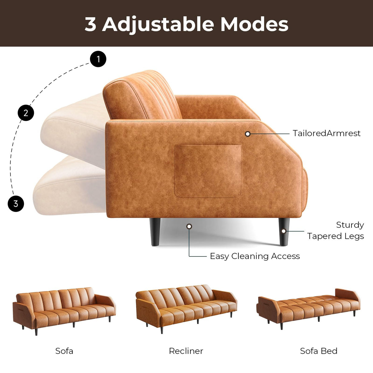 Fadware 78'' Futon Sofa Bed Couch, 2 Seater Faux Leather Futon Sleeper Couches with Adjustable Sofa Backrest, Convertible Loveseat Sofa Bed for Living Room, Bedroom, Office, Loft, Brown Fadware
