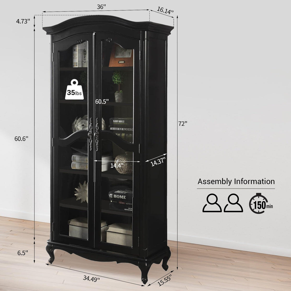 Farmhouse Arched Display Cabinet Bookcase Bookshelf with Glass Doors and Adjustable Shelves, 72" Tall 6 Tiers French Country-Inspired Wooden Curio Cabinet for Living Room, Office (Distressed Black) ZESTO PASSION FOR LIVE