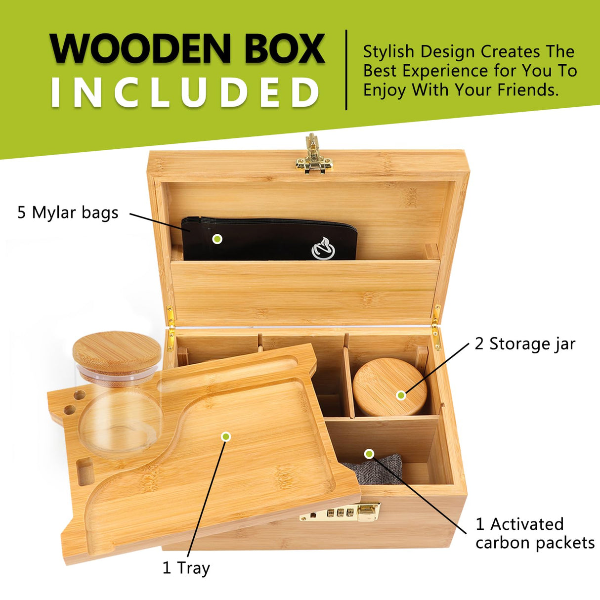 OZCHIN Large Bamboo Box with Combination Lock Decorative box for Home Great Gift Choice Stash Storage Lockbox with Storage Jar, Tray, Resealable Bags and More (Brown) OZCHIN