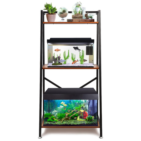 Eastern Tree Fish Tank Stand for 10-20 Gallon Aquarium, Aquarium Stand with Wooden Shelf for Storage, 3-Tiers Metal Tank Stand Fit Reptile Tank, Turtle Tank, Planting Tank, Display at Home or Office Eastern Tree