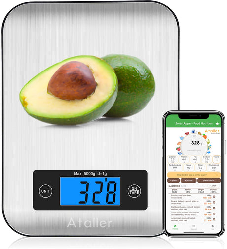 Ataller Smart Food Scales with Nutritional Calculator, Smartphone App with 26 Nutrients Tracking, Calorie, Marco, Digital Kitchen Weight Grams and Ounces for Weight Loss, 11 Pounds, Stainless Steel Ataller