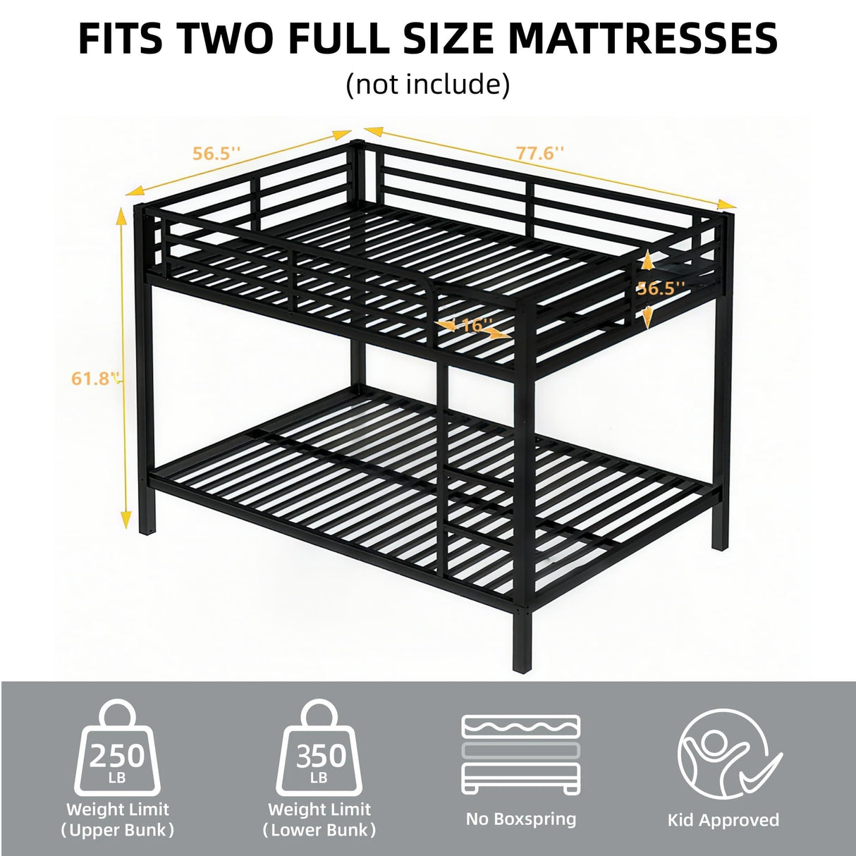 EMKK Metal Bunk Bed Full Over Full with Guardrails,Bedframe,Bunk Beds for Dorm,Bedroom,Guest Room,Heavy Duty Metal Slats, Noise Free, No Box Spring Needed, Black EMKK