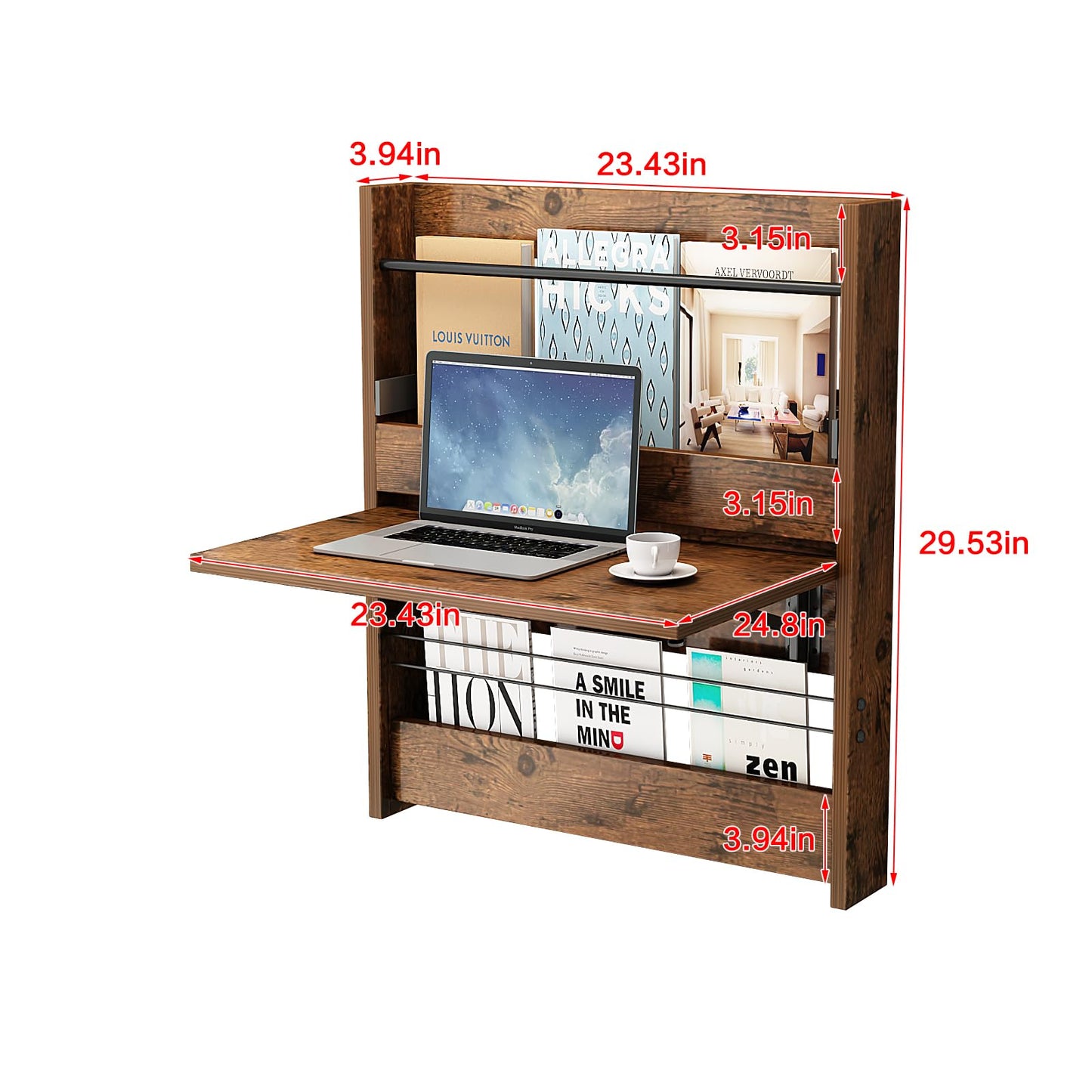 ALISENED Wall Mounted Desk, Folding Wall Table,Floating Laptop Computer Desk,Space-Saving Wall Desk, Wall Mounted Folding Desk Table for Study,Brown