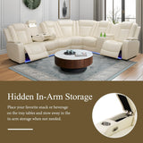 Ocstta Power Reclining Sectional Sofa Breathing Leather Sectional with Recliner, LED Light, Cup Holders and Storage 6 Seats L Shaped Recliner Couch for Home Theater Seating (Cream White) Ocstta