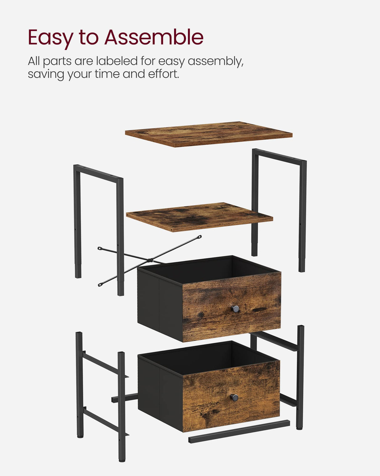 VASAGLE Nightstand, 24-Inch Tall Side Table with 2 Fabric Drawers and Storage Shelf, for Bedroom, Rustic Brown and Black ULGS025B01 VASAGLE