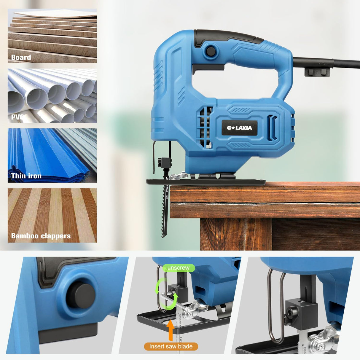 G LAXIA Jigsaw, 3.5 Amp Corded Jig Saw with 3pcs Cutting Blades, ±45° Bevel Cutting, 3000 SPM with Lock-on Button, Corded G LAXIA