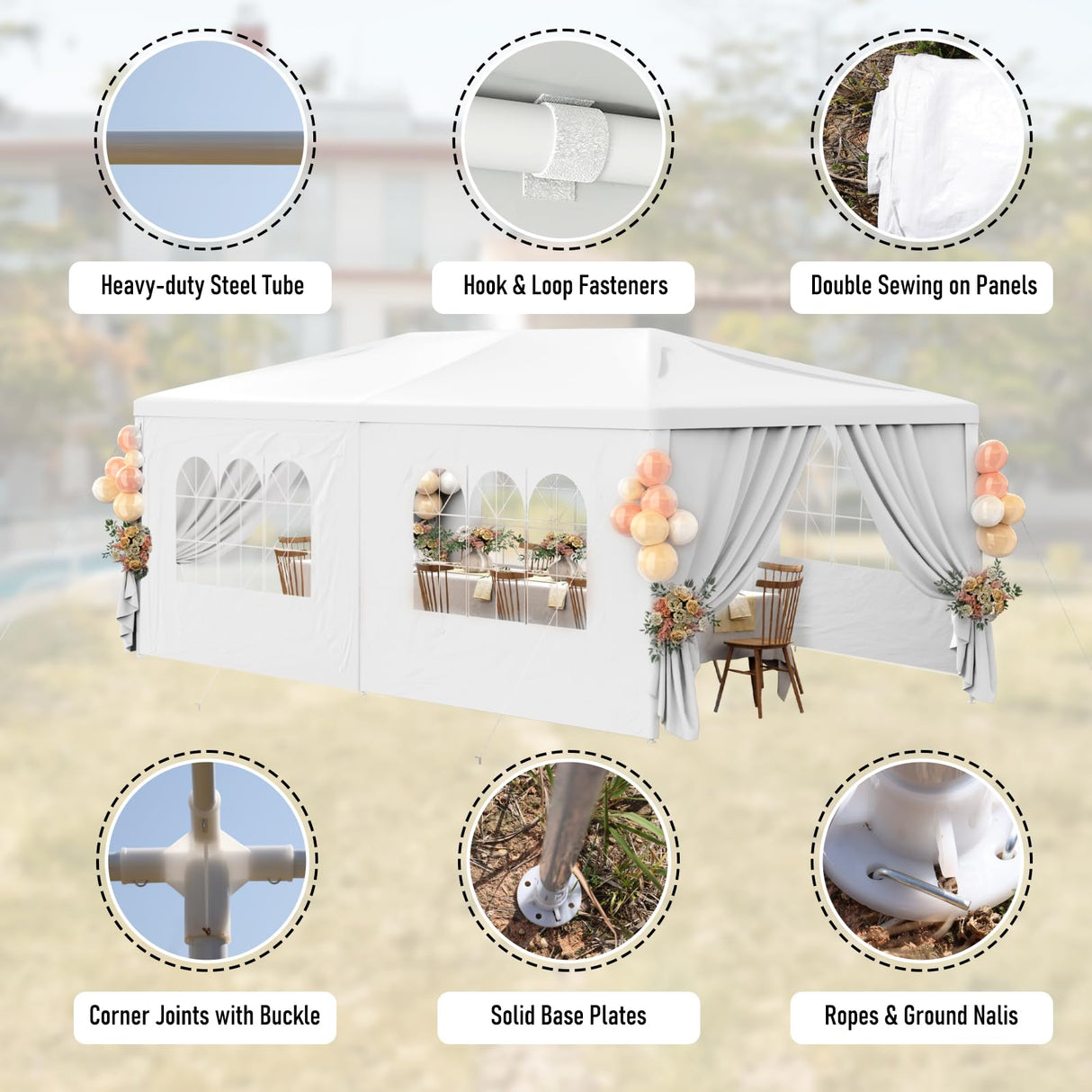 White Party Tent 10x20 Outdoor Canopy Tent with 6 Removable Sidewalls Heavy Duty Wedding Events Tents for Parties Waterproof Patio Gazebo Shelter for Birthday Graduation Backyard DOINUO