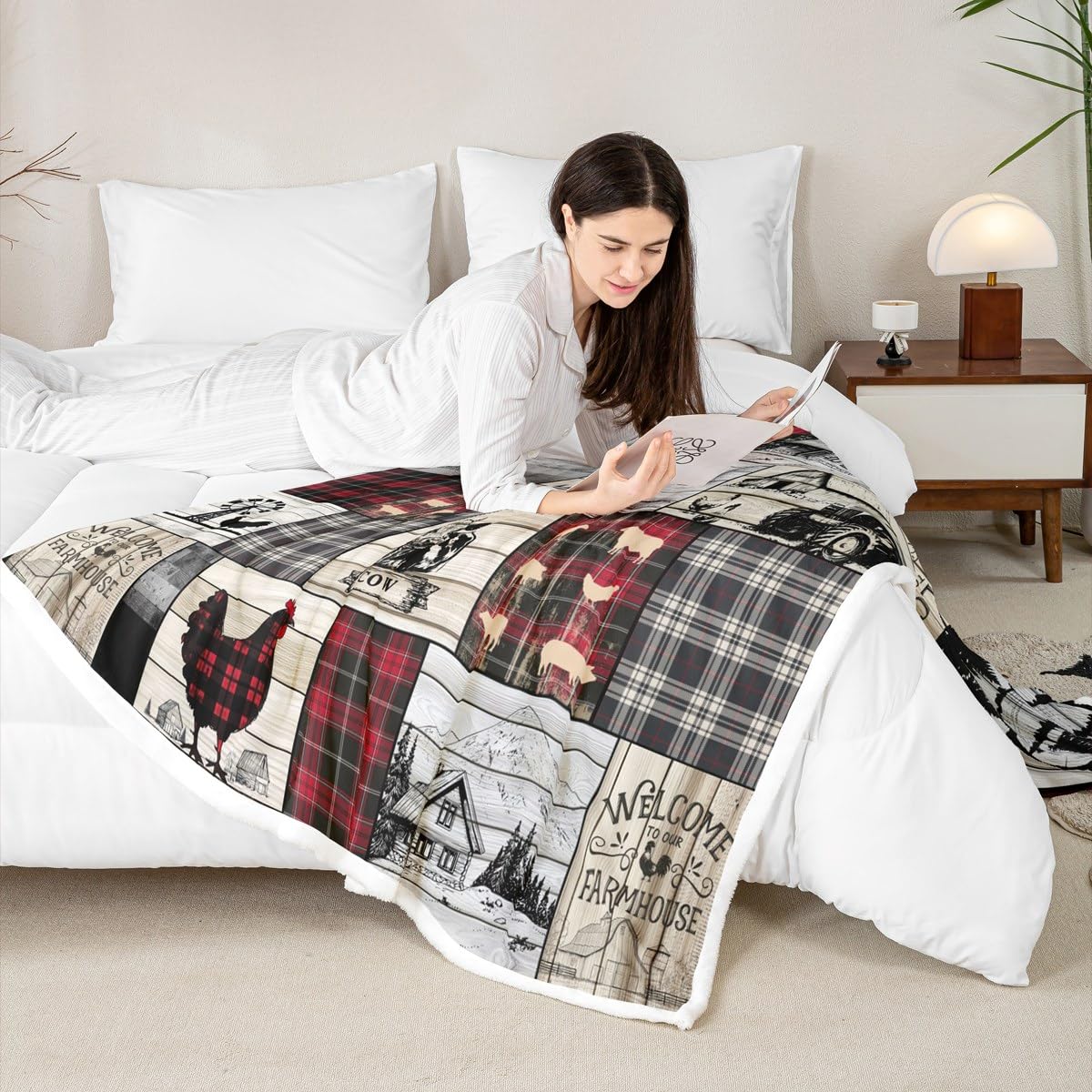 Rustic Farm Animal Fleece Bed Blanket Throw 50"X60" Retro Buffalo Plaid Farmhouse Cabin Throw Blanket Country Sheep Chicken Cow Print Sherpa Blanket,Grid Windmill Flannel Blanket Red Black Grey Erosebridal