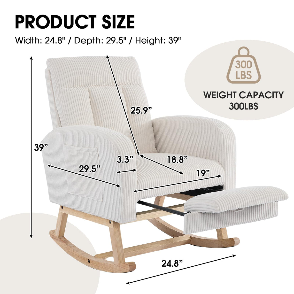 NIOIIKIT Nursery Rocking Chair, Corduroy Upholstered Rocking Chair with Adjustable Footrest, Tufted Rocker Chair with Side Pocket, Glider Rocker for Living Room, Bedroom (Cream Casual) NIOIIKIT