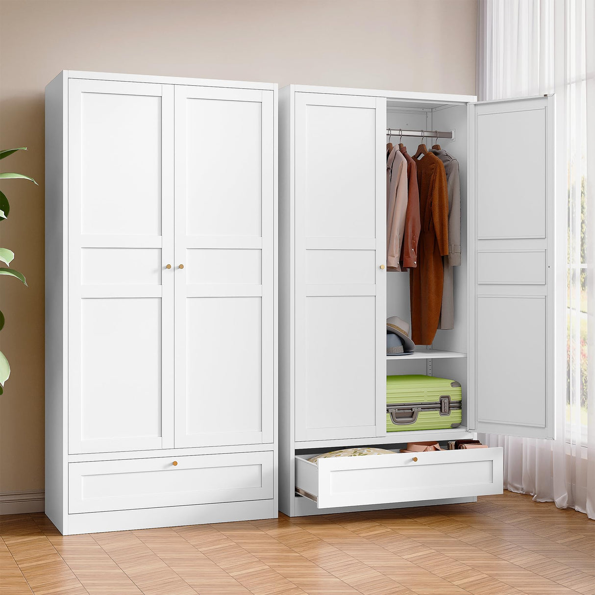 BYNSOE Metal Armoire Wardrobe Closet with 2 Doors 72'' Wardrobe Cabinet with Drawers and Hanging Rail Metal Closet with Adjustable Shelves for Bedroom. (White, with 1drawer) BYNSOE