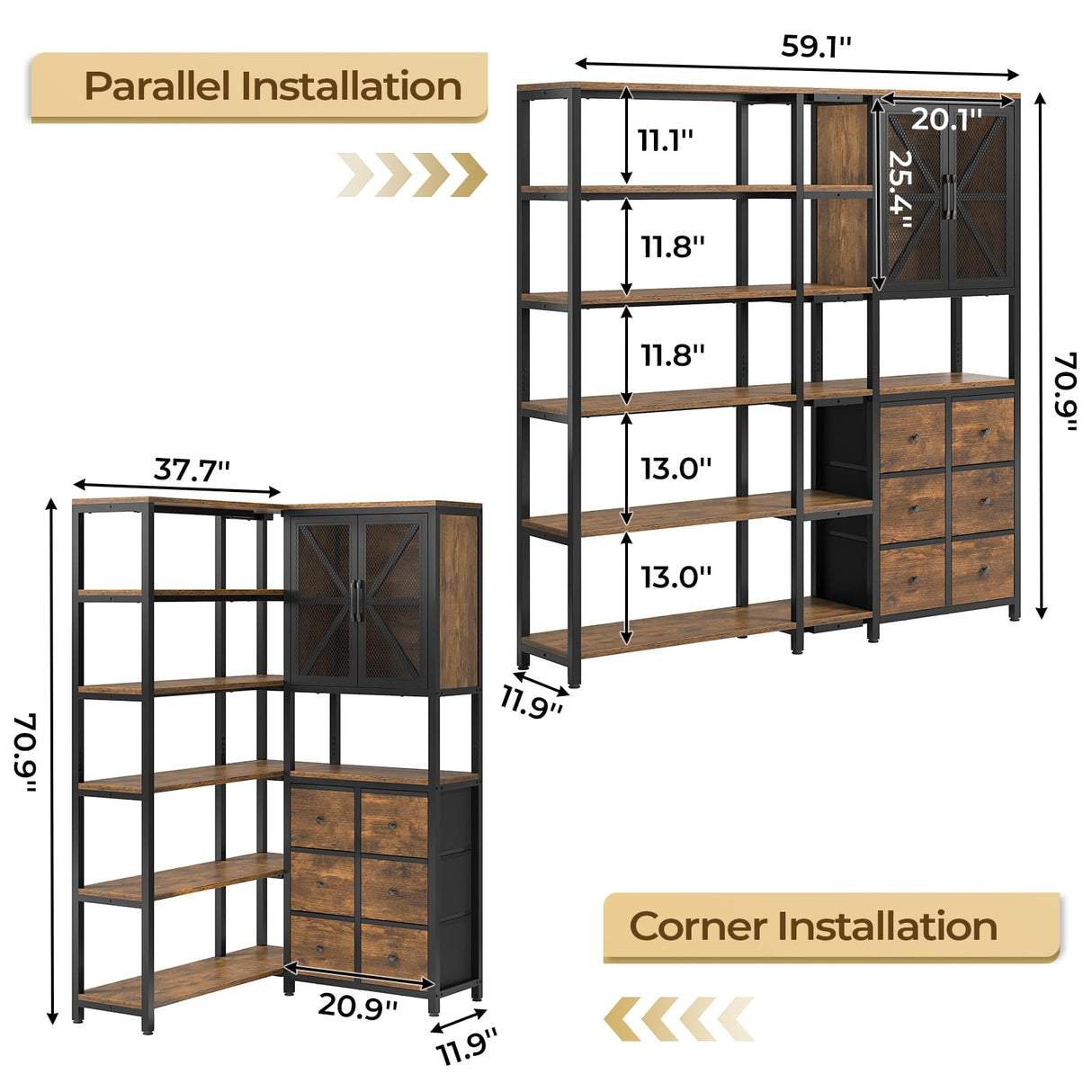 BTHFST Corner Bookshelf 6 Tier, 70.9" Convertible Tall Bookshelf with 6 Fabric Drawers, Corner Bookcase with Metal Doors, Large Display Shelf Book Shelf for Living Room,Home Office, Rustic Brown BTHFST