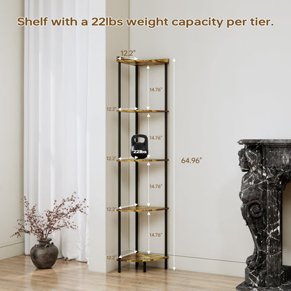 XIV 5 Tier Corner Shelf Stand, Industrial 65" Corner Shelves Display Shelf, Wood Tall Shelf Plant Stand, Storage Shelf for for Bathroom, Living Room, Kitchen, Office - WoodArtSupply