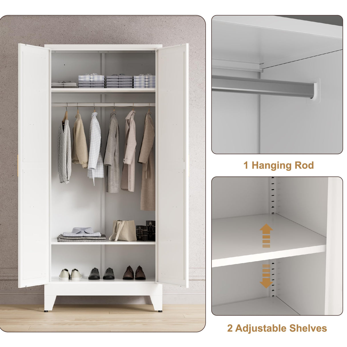 Washsemba 71'' Farmhouse Metal Wardrobe Cabinet with Hanging Rod, 2 Barn Door Wardrobe Closet with 2 Adjustable Shelves,for Dining Room,Bedroom,Living Room, Cloak Room,Office (White) Washsemba