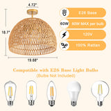 Rattan Ceiling Light Fixture, 4-Light Boho Semi Flush Mount Ceiling Light, 20" Wicker Light Fixture with Handmade Woven Cage Lampshade, Rattan Chandelier for Bedroom Hallway Nursery Kitchen Farmhouse Ledshaoyue