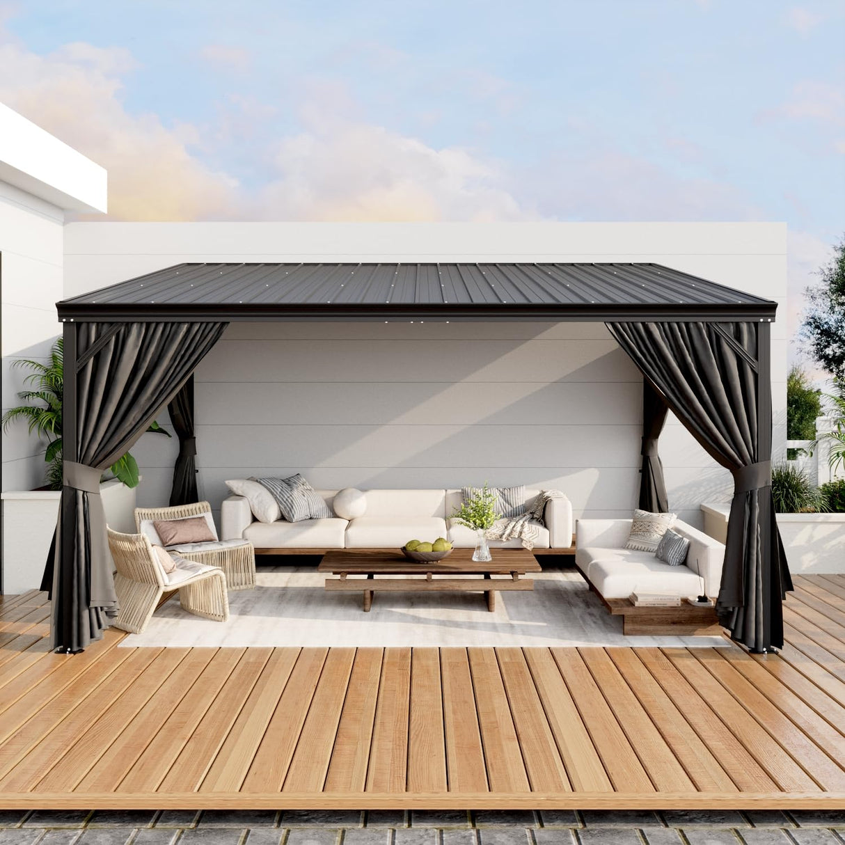 Homsee 12x14 FT Wall Mounted Gazebo with Curtains & Netting, Hardtop Lean to Gazebo with Galvanized Iron Roof & Aluminum Frame, Outdoor Pergola for Patio, Deck, Backyard, Black Homsee