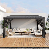 Homsee 12x14 FT Wall Mounted Gazebo with Curtains & Netting, Hardtop Lean to Gazebo with Galvanized Iron Roof & Aluminum Frame, Outdoor Pergola for Patio, Deck, Backyard, Black Homsee