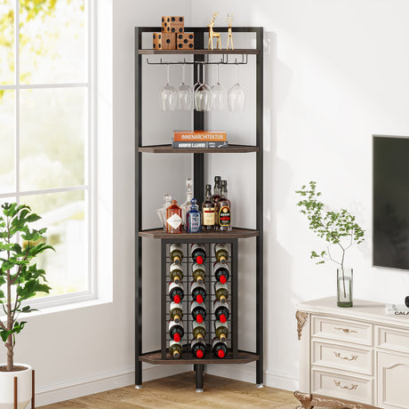 Tribesigns Corner Wine Rack with Glass Holder and Storage Shelves, 4 Tier Corner Bar Corner Wine Cabinet, Industrial Corner Wine Shelf for Living Room, Small Space (Brown) Tribesigns