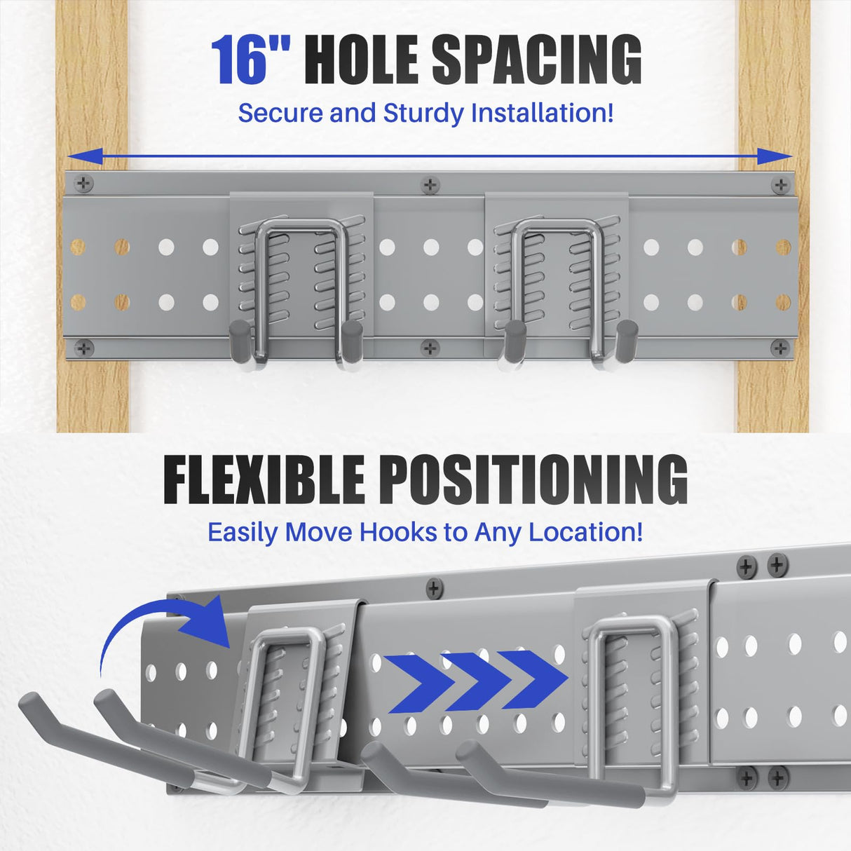 ZICANYCO Garage Tool Organizer Wall Mount 48 inches with 10 Adjustable Heavy-Duty Hooks, Garage Organization, Garden Tool Storage Rack, Yard, and Shed, Holds Up to 400 lbs (Grey) ZICANYCO