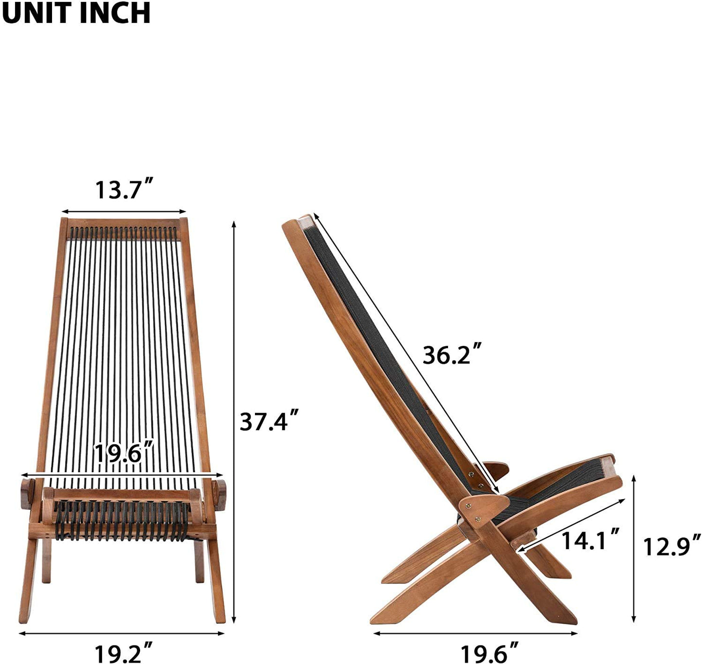 Folding Wooden Outdoor Lounge Chair Low Profile Acacia Wood Lounge Chair for The Patio Porch Deck Balcony Lawn Garden Wood Accent Furniture for Home (Set of 2)