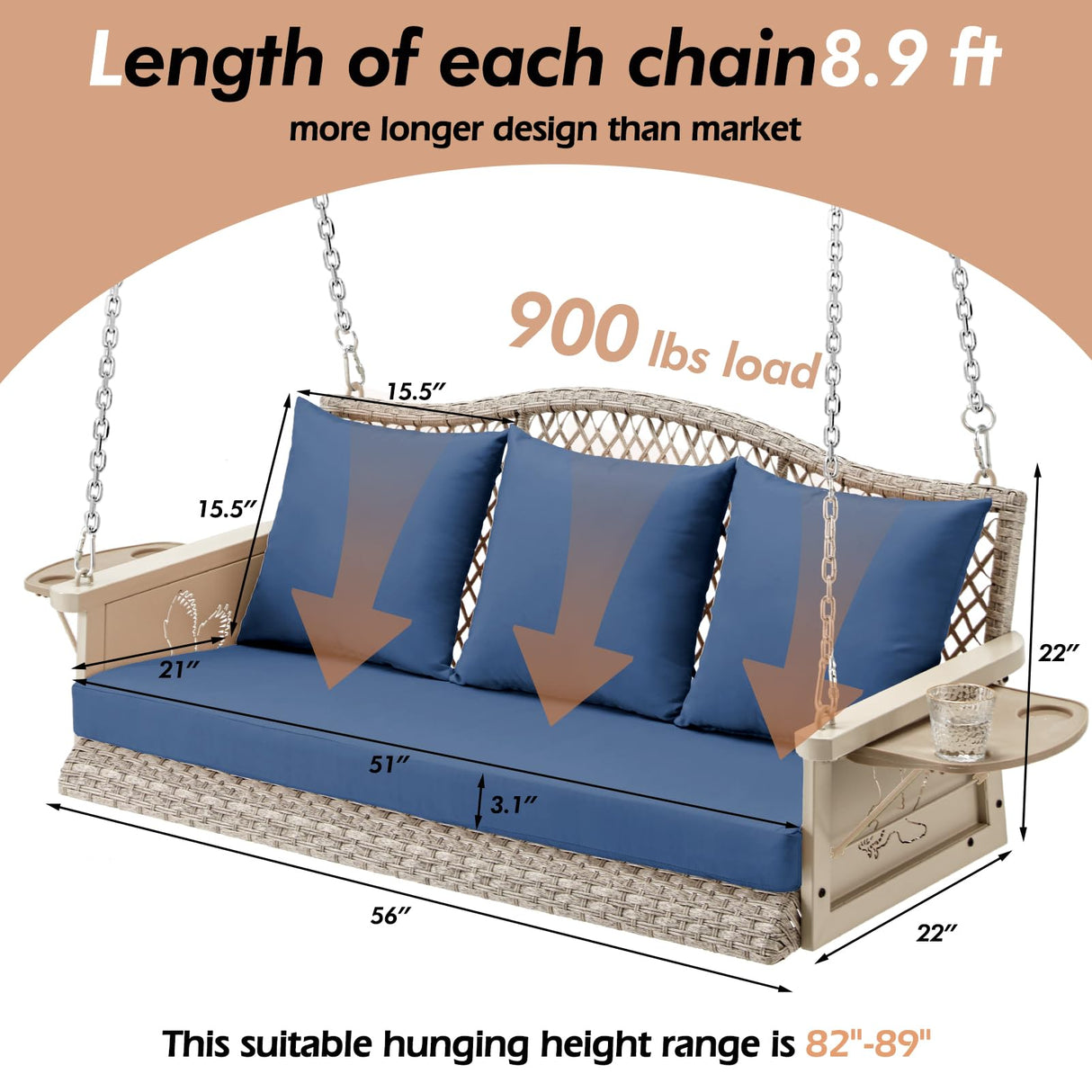ZZW Upgraded Wicker Hanging Porch Swing, Heavy Duty 900 LBS 3-Seat Outdoor Patio Swing Chair Bench for Adult, w/ 8.9ft Hanging Chains, Cushions and Cup Holder(Grey/Blue) ZZW