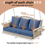 ZZW Upgraded Wicker Hanging Porch Swing, Heavy Duty 900 LBS 3-Seat Outdoor Patio Swing Chair Bench for Adult, w/ 8.9ft Hanging Chains, Cushions and Cup Holder(Grey/Blue) ZZW