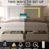 Fastroby Queen Size Bed Frame with Adjustable Headboard and 2 Storage Drawers, Upholstered Bed Frame Queen with RGB LED Light and Charging Station, Easy Assembly, No Box Spring Needed, Off White Fastroby