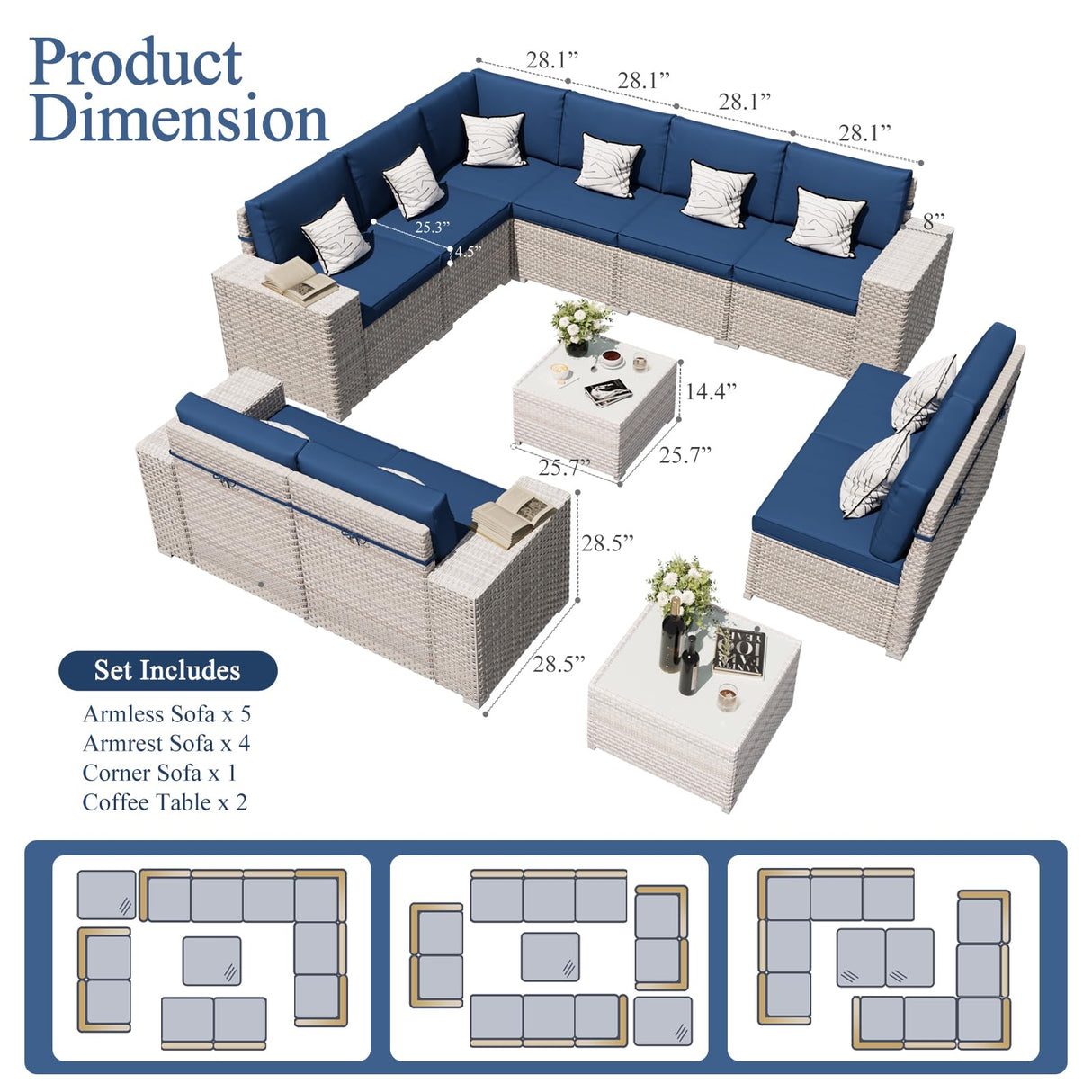 12-Piece Patio Furniture Set, Outdoor Extra Wide Armrest Modular Patio Sofa, Dual-Strand Rattan Wicker, Rust-Resistant Frame, Backyard High Back, Large Seat Furniture for Porch Garden Balcony, Blue HLNPTN