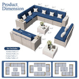 12-Piece Patio Furniture Set, Outdoor Extra Wide Armrest Modular Patio Sofa, Dual-Strand Rattan Wicker, Rust-Resistant Frame, Backyard High Back, Large Seat Furniture for Porch Garden Balcony, Blue HLNPTN