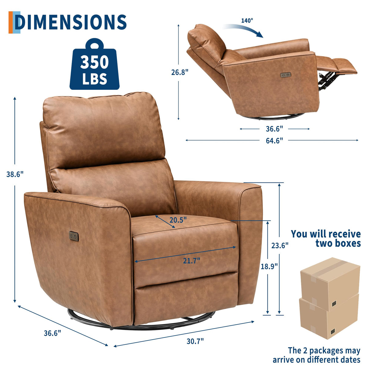 GAOMON Power Recliner Chair Swivel Glider Faux Leather Upholstered Nursery Rocker Reclining Sofa Chair with Charging Port, Curved Armrests & Padded Backrest for Living Room and Bedroom (Brown) GAOMON