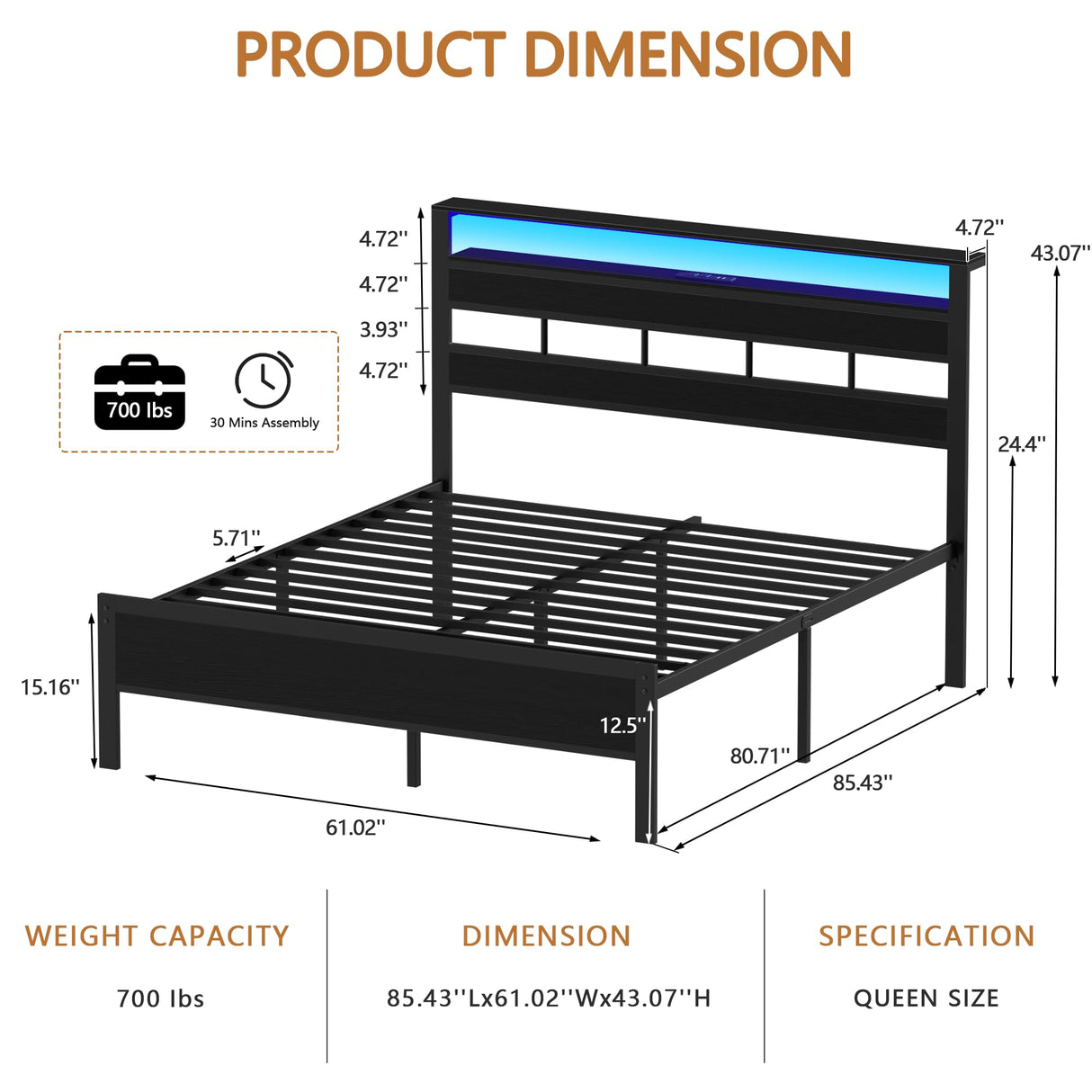 Furnulem Queen Bed Frame with Storage Headboard and LED Lights, Metal Bedframe with Charging Station and USB Port, Queen Size Platform Bed with Heavy Duty Slats, No Box Spring Needed, Black Oak Furnulem