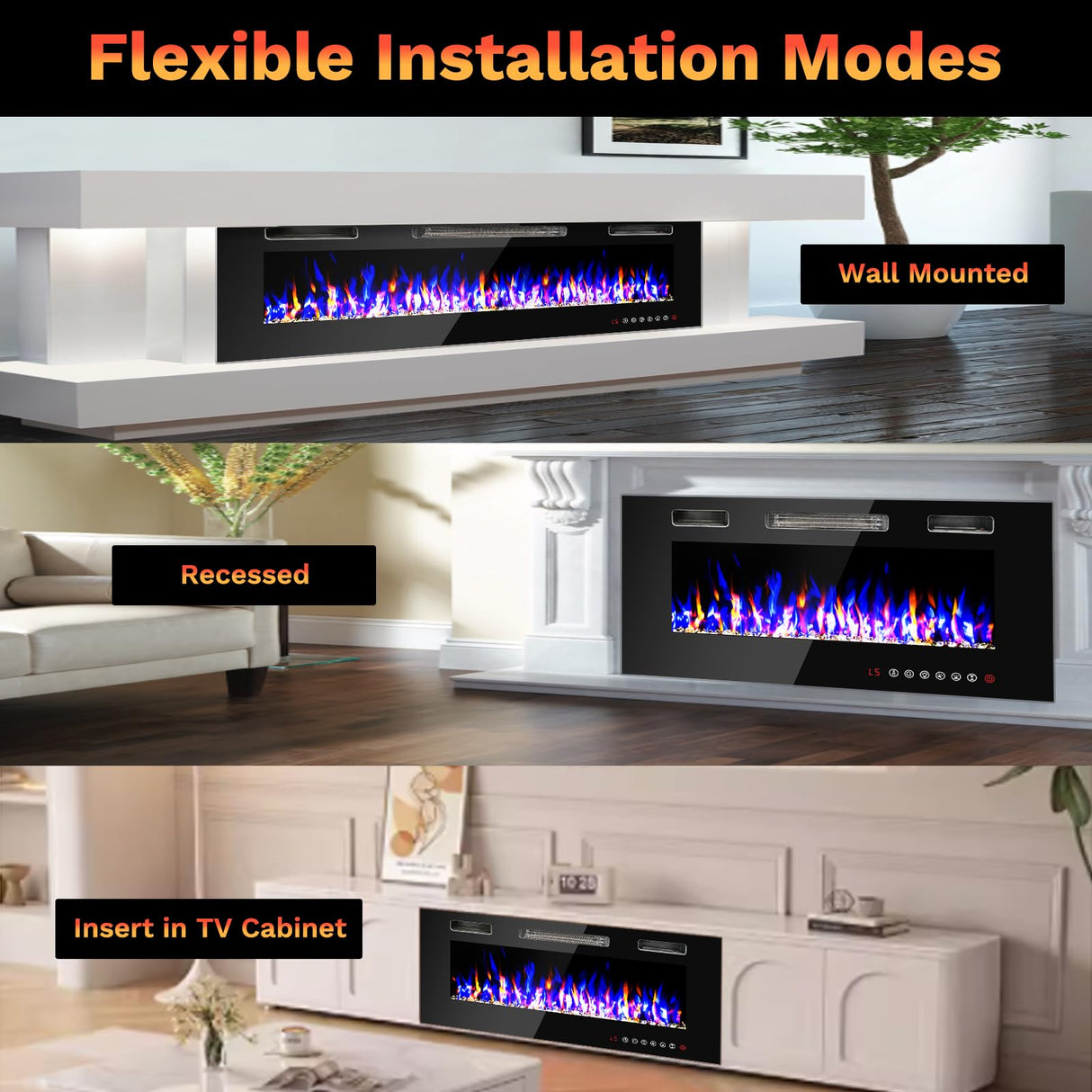 60 inch Wall Mounted Electric Fireplace, Multi LED Flames Fireplace Insert with Crystal, 750/1500W Fireplace Heater,Remote/Touch Screen Control Recessed Fireplace for Halloween,1-8H Timer / 400 Sq. FANGJI