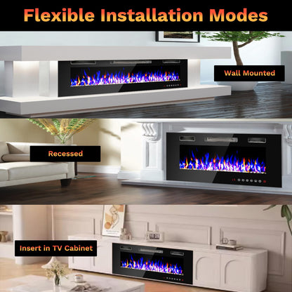 60 inch Wall Mounted Electric Fireplace, Multi LED Flames Fireplace Insert with Crystal, 750/1500W Fireplace Heater,Remote/Touch Screen Control Recessed Fireplace for Halloween,1-8H Timer / 400 Sq.