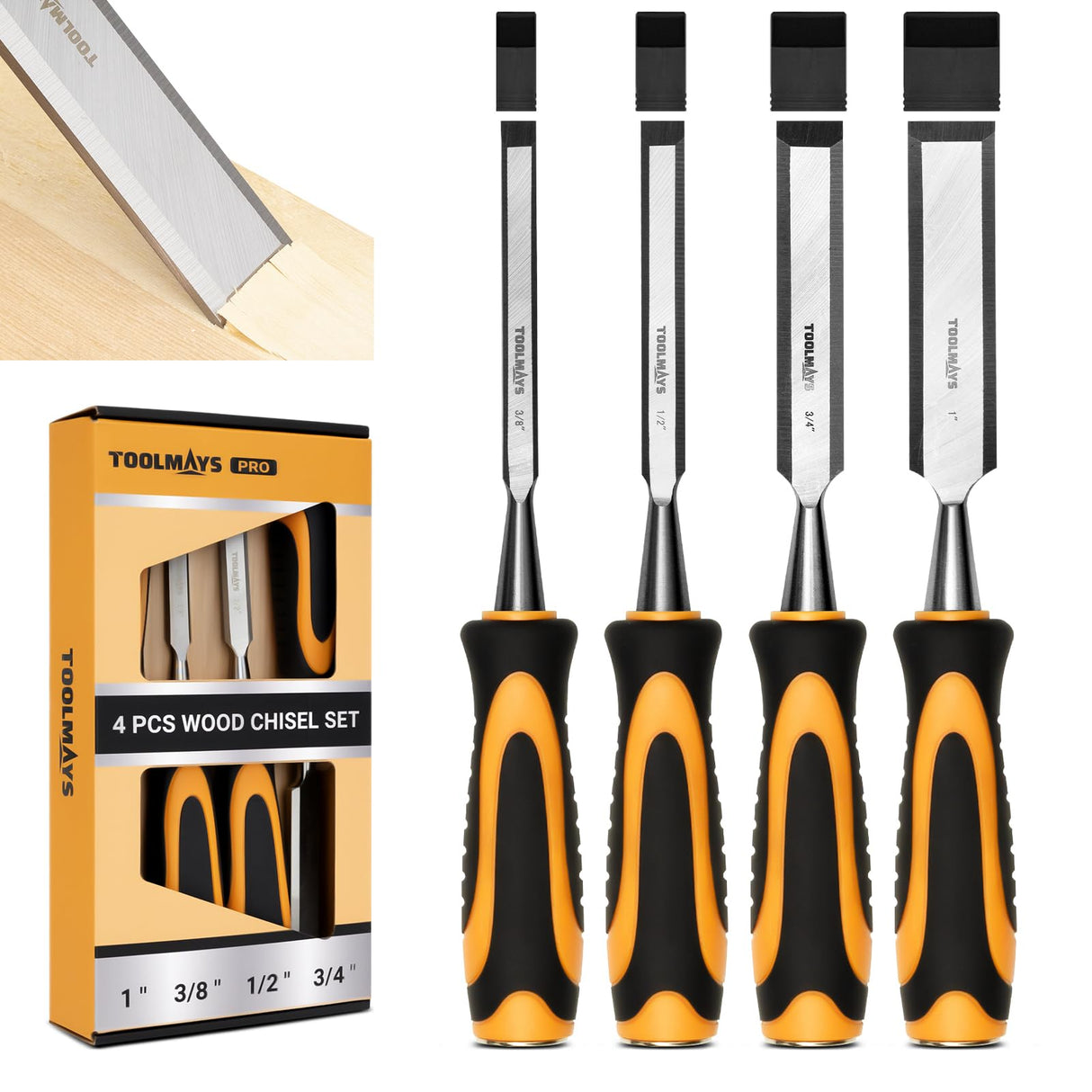 4-Piece Wood Chisel Set, Carbon Steel Blades with Ergonomic Handle, 3/8" 1/2" 3/4" 1" for Woodworking, Durable Metal Strike Cap (5-inch Handle for Comfortable Grip) TOOLMAYS