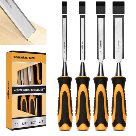 4-Piece Wood Chisel Set, Carbon Steel Blades with Ergonomic Handle, 3/8" 1/2" 3/4" 1" for Woodworking, Durable Metal Strike Cap (5-inch Handle for Comfortable Grip) TOOLMAYS