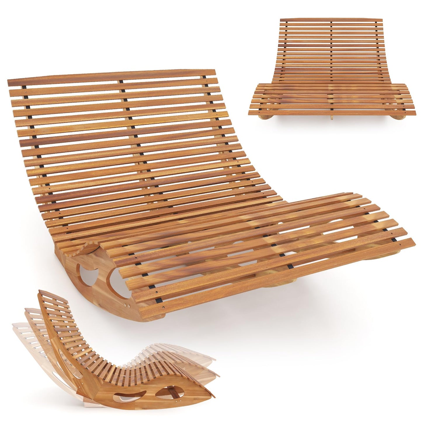 HAPPYGRILL Outdoor Acacia Wood Double Chaise Lounge, Rocking Chair with High Back, Slatted Seat, Stopper, Outside Wood Rocker for 2, 440 Lbs Capacity Sun Lounger Loveseat