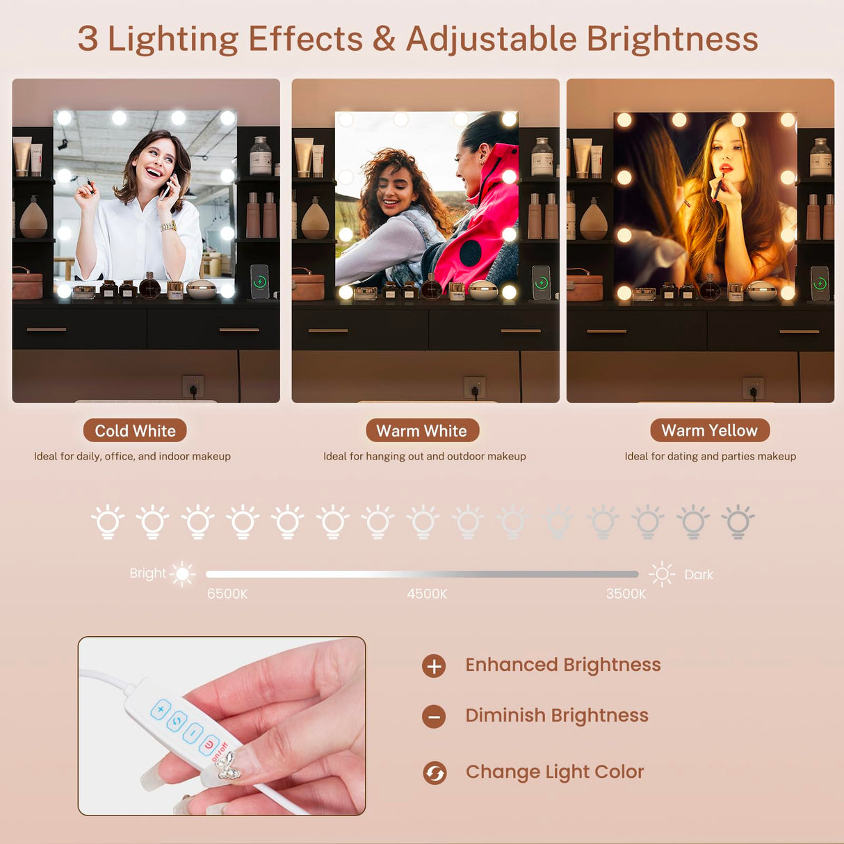 FIONESO Vanity Desk, Makeup Vanity Desk with Mirror & Lights, Vanity Desk with 2 Drawers & 6 Storage Shelves, Dressing Table with Power Outlet, for Women Girls, Bedroom, Black FIONESO