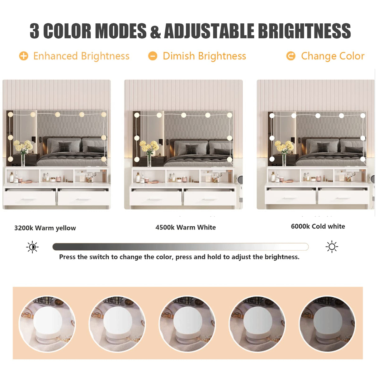 Vabches Makeup Vanity with Lighted Mirror & Power Outlet, White Vanity Set Vanity Desk, Clearance Makeup Vanity 3 Lighting Colors, Brightness Adjustable, 31.5in(W) Vabches