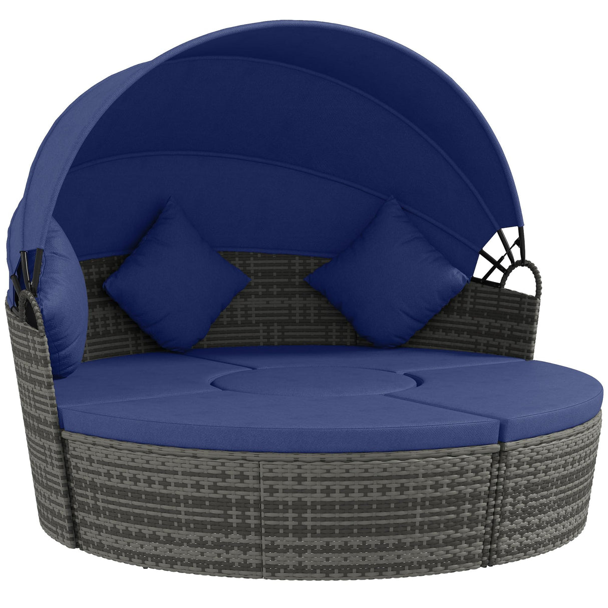 Outsunny 4 Piece Round Rattan Daybed, Convertible Patio Furniture Set, Adjustable Sun Canopy, Sectional Outdoor Sofa, 2 Chairs, Extending Tea Table Ottoman Chair, 3 Pillows, Dark Blue Outsunny