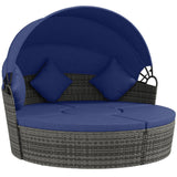 Outsunny 4 Piece Round Rattan Daybed, Convertible Patio Furniture Set, Adjustable Sun Canopy, Sectional Outdoor Sofa, 2 Chairs, Extending Tea Table Ottoman Chair, 3 Pillows, Dark Blue Outsunny