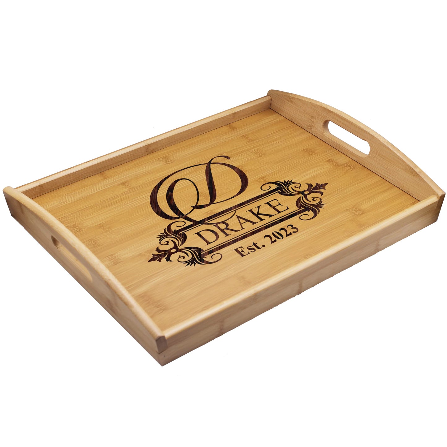 Engraved Wooden Serving Platter Tray with Handles - Personalized and Custom Monogrammed - WoodArtSupply