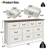 Farmhouse 10 Drawer Dresser for Bedroom,63in Large Rustic Wood Chest of Drawers with Metal Handle,TV Stands W/Storage,Long Closet Clothes Storage Organizer for Living Room Hallway Entryway(White) Hlivelood