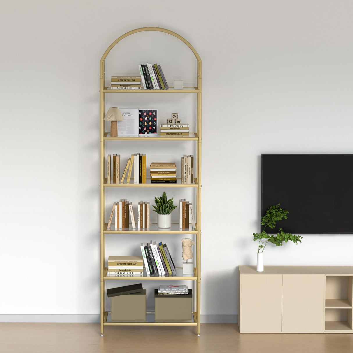 Homhedy 6-Tier Bookshelf Arched Display Racks, Metal Bookcase, Tempered Glass Shelves, Storage Rack Shelf for Home Office, Living Room, Bedroom, Bathroom, Modern Style, Golden Homhedy