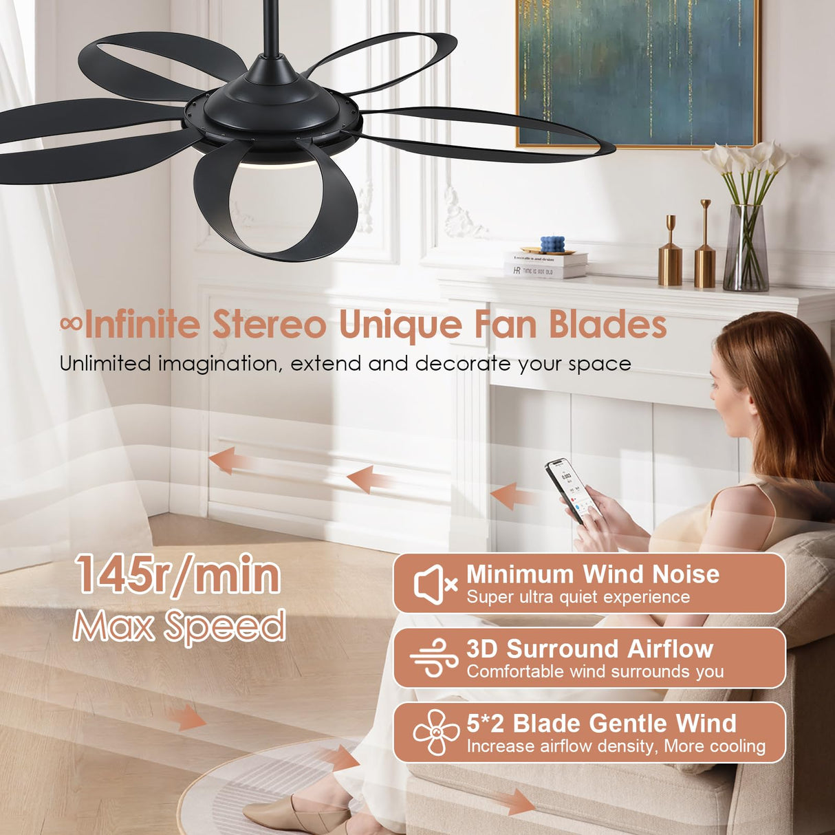 Ceiling Fans with Lights, 48 inch Black Ceiling Fan with Remote APP, Unique Fan Blades, Reversible, 3CCT Led, Sloped Flush Mount Low Profile Ceiling Fan with Lights Bedroom Living Room Indoor BayDay