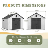 UDPATIO 8x10 FT Outdoor Storage Shed, Resin Plastic Shed with Floor Air Vents Side Windows Skylights Lockable Doors, Backyard Patio Garden, Grey UDPATIO